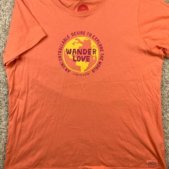 Life is Good T-Shirt Women XL Short Sleeve Orange Graphic Crew Neck Wander Love - Picture 1 of 10